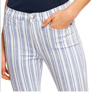 FRAME Le Bardot Crop Flare Leg Jeans Striped Mid Rise Raw Hem, Dutch Blue Multi